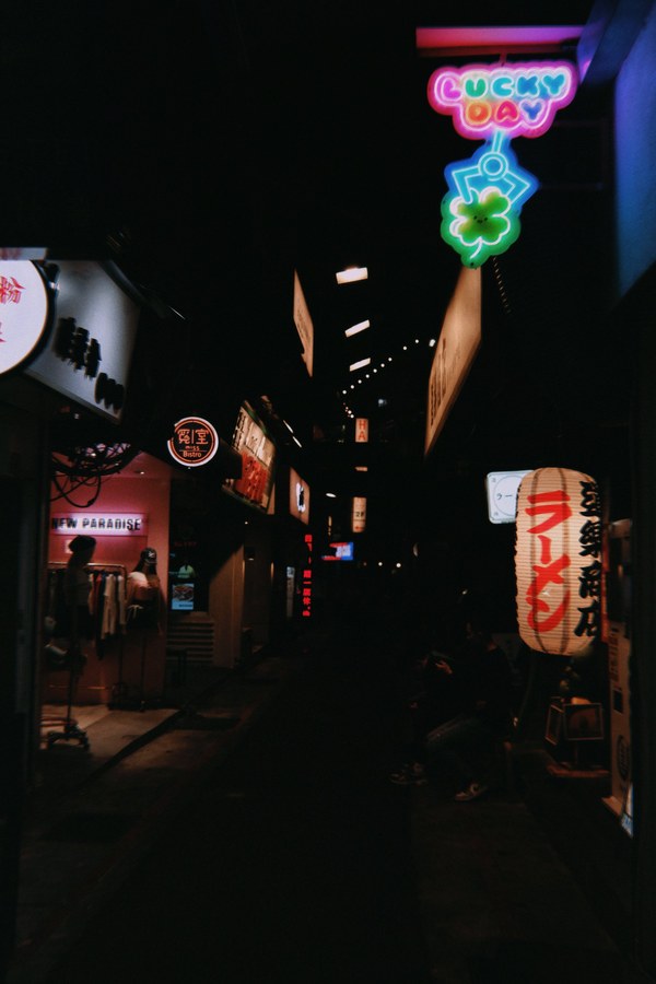 Neon-lit night market alley